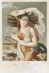 Brumaire (oktober-november), republikanska kalenderns andra månad, graverad av Tresca, fransk, ca 1794