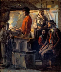 Smeden eller marekalen i sin smedja Marechal-järnen och hans familj, bredvid honom ett städ. Målning av Ludvig den Nain (1593-1648) 1600-talets sön. 0,69x0,57 m