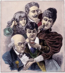 Representation av de fem sinnena (känsel, hörsel, lukt, smak och syn) av Louis Leopold Bailly. Gravyr från 1894.