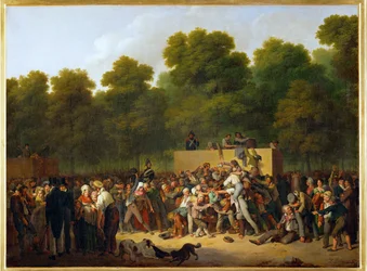 Utdelning av vin och ätbart på Champs Elysees (målning på duk)