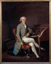 Franska revolutionen: "" Hellängdsporträtt av Maximilien Robespierre (1758-1794) vid hans skrivbord"" Målning av Louis Leopold Boilly (1761-1845) 1789, 41 x 32,5 cm - Lille, Musée des Beaux Arts - Franska revolutionen: Fullständig -längdporträtt av Maximil
