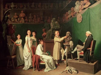 Jean Antoine Houdon (1741-1828) Skulpterar bysten av Pierre Simon (1749-1827) Marquis de Laplace i närvaro av hans fru och döttrar, 1804