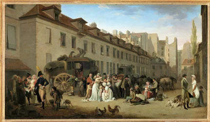 Ankomsten av en diligens på gården till Messageries, rue Notre-Dame-des-Victoires, i Paris ...