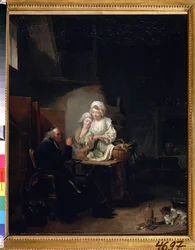 ""Den gamle kyrkoherden"" (en gammal kurat) Två kvinnor assisterar en gammal kurat i köket. Målning av Louis-Leopold (Louis Leopold) Boilly (1761-1845) 1785-1800 Pushkin-museet, Moskva