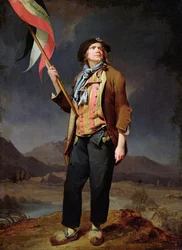 Porträtt av sångaren Simon Chenard (1758-1832) i en sans culottedräkt bärande en flagga på Savoy Freedom Day, 14 oktober 1792"" Målning av Louis Leopold Boilly (1761-1845). 1792. Storlek 0,33x0,22 m. Paris, Carnavalet-museet
