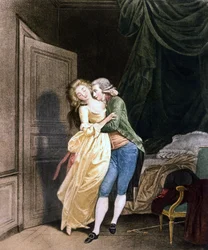 Mjukt motstånd. En man gör framsteg till en mycket elegant ung kvinna. Gravyr av Boilly