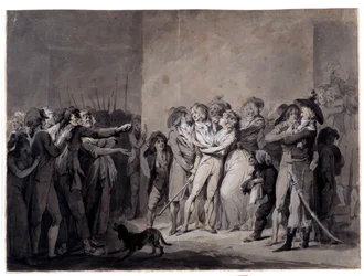 Gripandet av Charlotte Corday (1768-1793) efter mordet på Marat. Teckning. 1800-talet. Paris, Musée Carnavalet