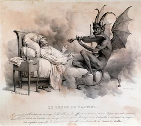 Drömmen om den italienska kompositören Giuseppe Tartini, som såg en djävul spela fiol, som skulle bli Djävulens trillsonat (Illustration)