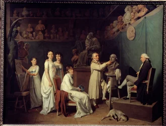 Skulptören Jean Baptiste Houdons (1741-1828) verkstad. Skulptörens modell var matematikern Pierre-Simon Laplace (1749-1827) Marquis de Laplace i närvaro av hans fru och döttrar. Målning av Louis Leopold Boilly (1761-1845) 1804 Paris, De