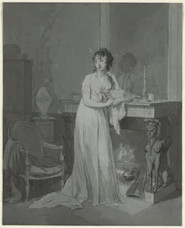 Kvinna framför en öppen spis, ca. 1803.