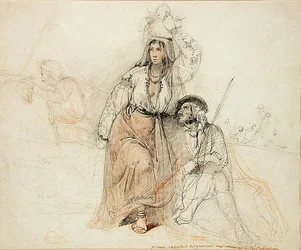 Kvinna som tar med proviant till bohemer och brigander (penna och röd krita på papper)