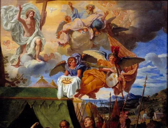 Kung Ludvig IX (Saint Louis) (1214-1270) som tar hand om sina soldater Detalj som representerar Gud och änglar. Målning av Louis Licherie de Bury (1629-1687) 1600-talets Rouen, Musee des Beaux Arts