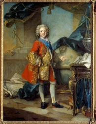 Hellängdsporträtt av Dauphin Louis de France (1729 - 1765) son till Ludvig XV, i hans studiestudio. Målning av Louis Tocque (1696 - 1772)