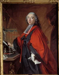 Porträtt av en magistrat. På hans skrivbord finns ett krucifix och en skrivnödvändighet. Målning av Louis Tocque (1696-1772)
