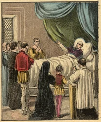 St Francis de Sales död - Saint Francois-de-Sales (Saint Francois de Sales) död (1567-1622) - Gravyr från "" Religiös undervisning vid ögonen. Underbart album” av Louis Maitrejean och Georget Ramond - Frankrike 1910