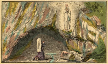 Jungfru Marias uppenbarelse i Lourdes - Jungfrun visar sig för Bernadette Soubirous (1844-1879) i Lourdes 1858 - - Gravyr från "" Religiös undervisning genom ögonen. Underbart album” av Louis Maitrejean och Georget Ramond - Frankrike 1910