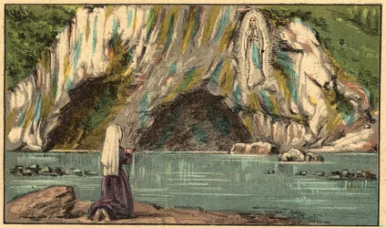 Jungfru Marias uppenbarelse i Lourdes - Jungfrun visar sig för Bernadette Soubirous (1844-1879) i Lourdes 1858 - - Gravyr från "" Religiös undervisning med ögonen. Underbart album” av Louis Maitrejean och Georget Ramond - Frankrike 1910