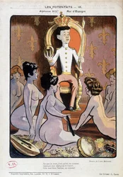 Porträttlast av Alfonso XIII, kung av Spanien, på sin tron och omgiven av nakna kvinnor - teckning av Louis Malteste, i "La Vie en Rose"" 21/9/1902.