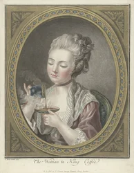 Byst av en ung kvinna som dricker kaffe The Woman ta King Coffee (titel på objekt)