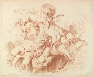 LAir The Air: A Group of Three Putti on Clouds, 1700-talet.