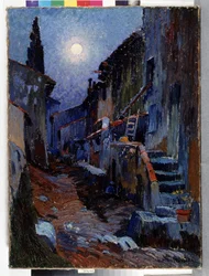 Auriol, gränd med månsken Målning av Louis Mathieu Verdilhan (1875-1928) Dim. 81x59 cm Obligatoriskt omnämnande: Samlingsstiftelsens hälsningar från Provence, Marseille