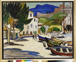 Båtar på kajen en Cassis-målning av Louis Mathieu Verdilhan (1875-1928) 1908 Obligatoriskt omnämnande: Collection fondation regards de Provence, Marseille