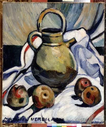 Stilleben med kanna och äpplen Målning av Louis Mathieu Verdilhan (1875-1928) Dim. 55x46 cm Obligatoriskt omnämnande: Samlingsstiftelsen hälsningar från Provence, Marseille