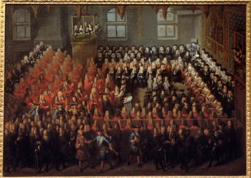 Rättvisans bädd som innehas av Ludvig XV (1710-1774) i Storkammaren i Paris parlament för att bryta Ludvig XIV:s vilja (1638-1715)