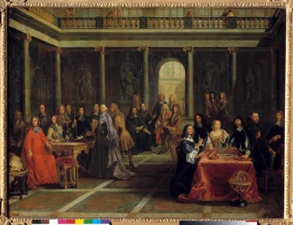 Drottning Kristina av Sverige, omgiven av sitt hov, lyssnar på filosofen René Descartes som ger en geometridemonstration; i närvaro av prinsen av Condé, Elisabeth av Bayern, pfalzgrevinna, och fader Mersenne. Målning av Louis Michel Dumesnil