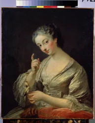 Kvinna med en fågel (Lady with a bird). Målning av Louis Michel Van Loo (1707-1771). Olja på duk, 64 x 53,5 cm, 1700-tal. Fransk konst, rokokostil. Eremitagemuseet, Sankt Petersburg.