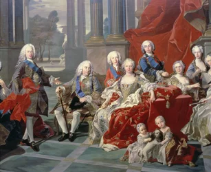 131 0794093/1 Familjen till Philip V av Spanien (1683-1746) detalj som visar kungen, hans andra fru Elizabeth Farnese och den framtida Ferdinand VI