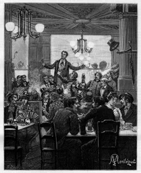 I mitten leder Desroches charivarit på ett bord. Scen på ett parisiskt kafé: människor sjunger, dricker, röker, pratar och flirtar kring borden. I ”Trente ans de Paris”, självbiografisk samling av Alphonse Daudet (1840-1897). Gravyr efter Montegut.