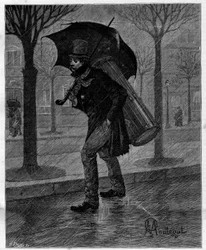 Dålig skörd! Stackars våta cikada! ... Trumspelare i misär går i regnet på Paris gator. I "" Trento ans de Paris"" självbiografisk samling av Alphonse Daudet (1840-1897). Gravyr efter Monteguts illustrationer i "" Le Monde illustriou