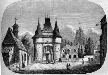 Arkitektur: utsikt över porten Saint Julien (1460-1483), I bakgrunden utsikt över den gotiska kyrkan Notre Dame des Marais (1450-1623). La Ferte Bernard, Sarthe (72)