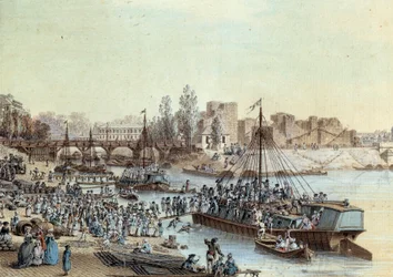 Frakt Fartygsladdade passagerare som anländer till kajen. Teckning av Louis de Lespinasse (1734-1808) 1782. Paris, Musee Carnavalet