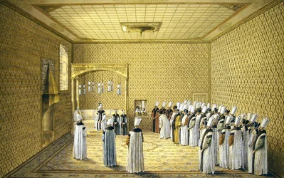Presentationen av en ambassadör till sultanen i petitionshallen i Topkapipalatset, Konstantinopel (akvarell och kroppsfärg med krita, penna och bläck på papper)