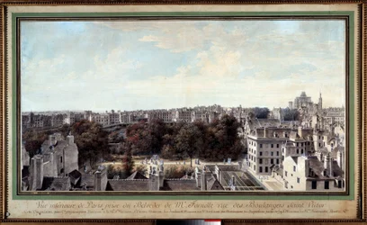 Utsikt över Paris tagen från Monsieur Fournelles belvedere, rue des Boulangers saint Victor Teckning av Louis de Lespinasse (1734-1808) Paris från 1700-talet. Karnevalsmuseet