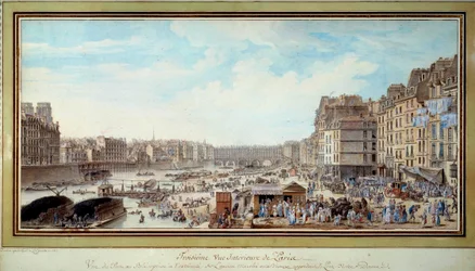 Utsikt över hamnen vid valen tagen från då gamla Marche aux veaux mot bron Notre-Dame i Paris Akvarell av Louis Nicolas de Lespinasse (1734-1808). 1782. Paris, Musee Carnavalet