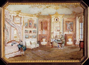 Lock till en tabatiere av Alexandre Leferre (ca. 1806-ca. 1838) dekorerad av en miniatyrmålning av Louis Nicolas Van Blarenberghe (1716-1794) föreställande ett rum under Ludvig XV. Omkring 1770. Sön 0,02x0,08x0,06 m Paris, Louvren