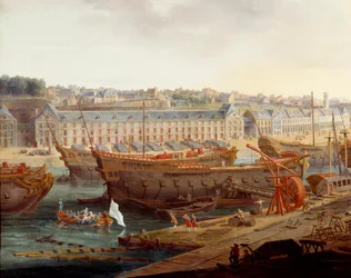 Varv: "" Hamnen i Brest"" Detalj. Målning av Louis Nicolas van Blarenberghe (1716-1794) 1774 Brest, Musee des Beaux Arts