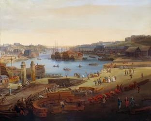 Varv: "" Hamnen i Brest"" Detalj. Målning av Louis Nicolas van Blarenberghe (1716-1794) 1774 Brest, Musee des Beaux Arts