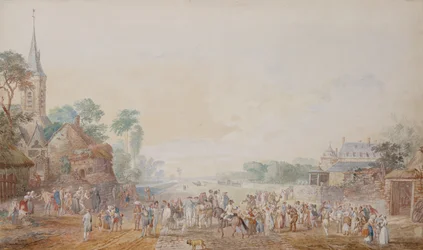 Hertigen av Penthievre med Benjamin Franklin på sin högra sida närvarar vid en granskning av hans frivilliga regemente bredvid hans slott i Rambouillet