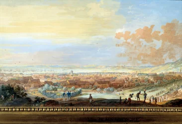 Vy över staden Cap francais (Cap de la Republique) utsikt från kullen i Santo Domingo Detalj. Målning av Louis Nicolas Van Blarenberghe (1716-1794) 1779 La Rochelle, Museum of the New World.