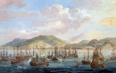 Vy över staden Cape francais (Cap de la Republique) havsutsikt i Santo Domingo Detalj. Målning av Louis Nicolas Van Blarenberghe (1716-1794) 1779 La Rochelle, New World Museum - Utsikt över staden The French Cap (Cap de la Republique), hav vi
