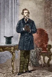 Porträtt av Phileas Fogg, en gestalt i Jules Vernes äventyrsroman "Jorden runt på 80 dagar", illustrerad av Louis Paul Pierre Dumont (1822-1882), 1872