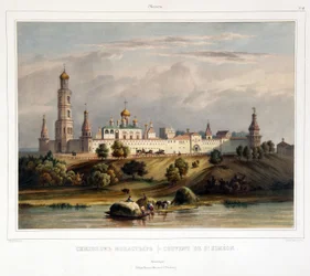 Klostret Saint Simon (Simeon), Moskva (Utsikt över Simonov-klostret i Moskva). Verk av Louis Pierre Alphonse Bichebois (1801-1850), gravyr färgad i akvarell, tidigt 1800-tal. Fransk konst, landskap, klassicism. Statens museum för A.S.