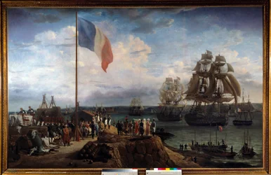 Kejsar Napoleon I och Marie Louise deltar i amiral Troudes skvadron i Cherbourg den 30/05/1811 Målning av Louis Philippe Crepin (1772-1851) 1811 Sön. 1,65x2,55 m Malmaison, musee du chateau.