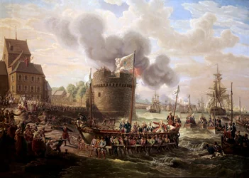 Kung Ludvig XVI besöker arbetena vid hamnen i Cherbourg den 23/06/1786. Målning av Louis Philippe Crépin (1772-1851), 1786, Paris, Musée du Louvre.