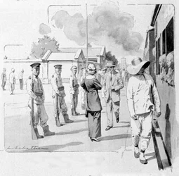 En kinesisk konduktör vid ett stopp på Transsibirien. 1913. Illustration av Sabattier.