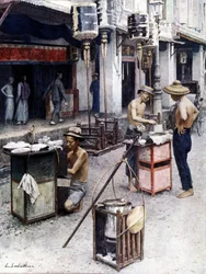 Mobila restauranger i Singapores Chinatown. Illustration av L. Sabatier. 1800-talet.